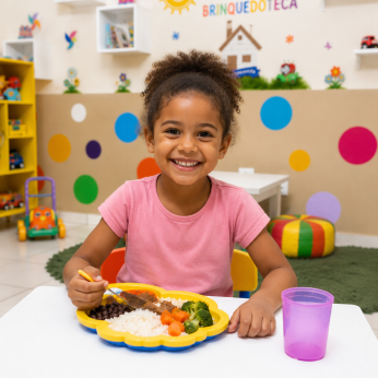 Criança durante uma refeição na brinquedoteca da instituição.